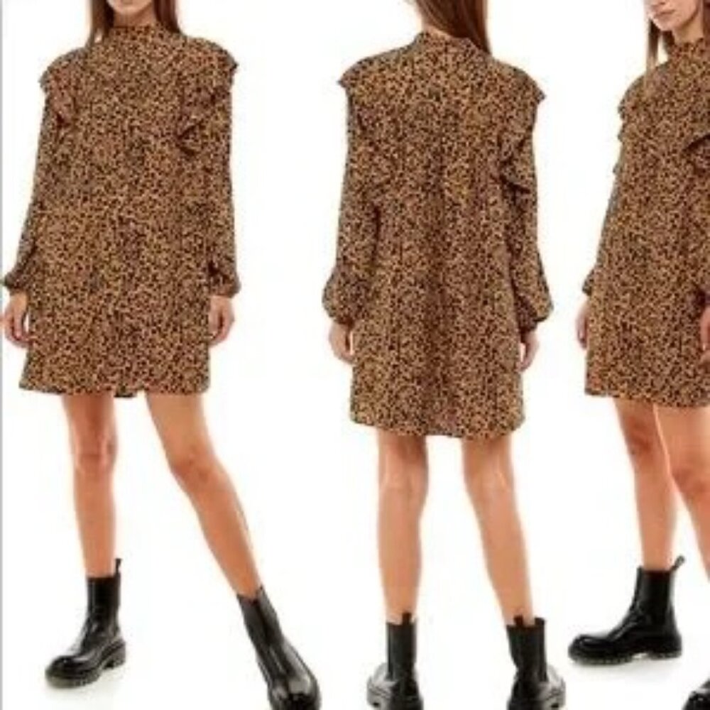 Wayf Pierce Leopard Print Long Sleeve Mock Neck Minidress Size S